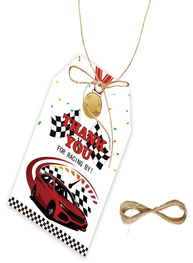 FORSHEEP 50pcs Race Car Thank You Tags, Racing Car Gift Tag with String for First Birthday Party, Fast One/Two Fast Thank You Paper Tags for Racing Birthday Party Favors - Image 1